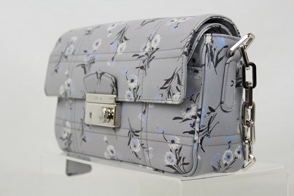 Prada Compact Shoulder Saffiano Chain Bag Soft Floral Gray